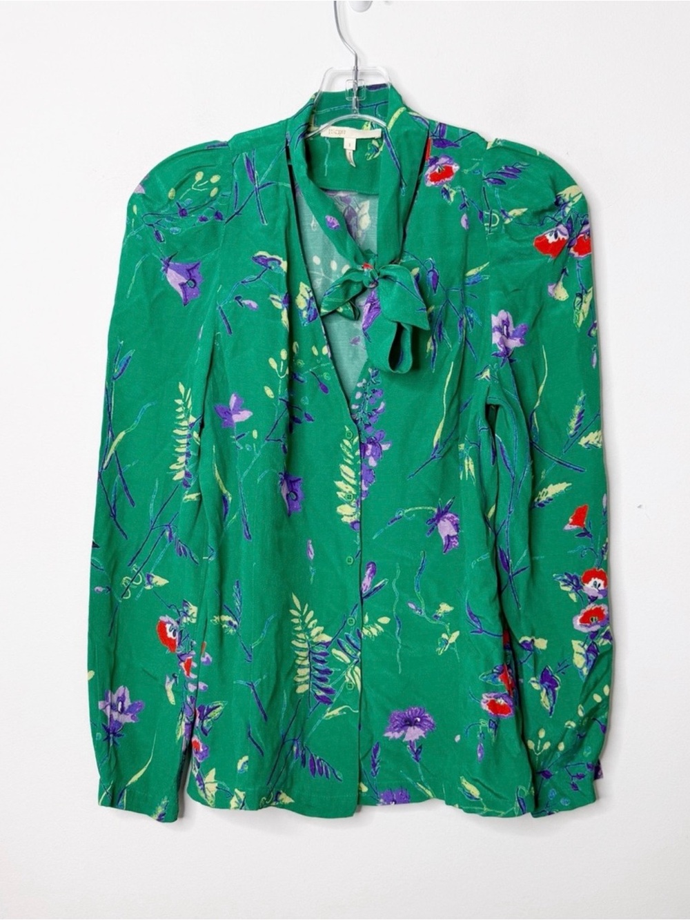 MAJE Cosina Green Floral Button Front Tie Neck Blouse Top Sz. 1 or a Small - Picture 2 of 4